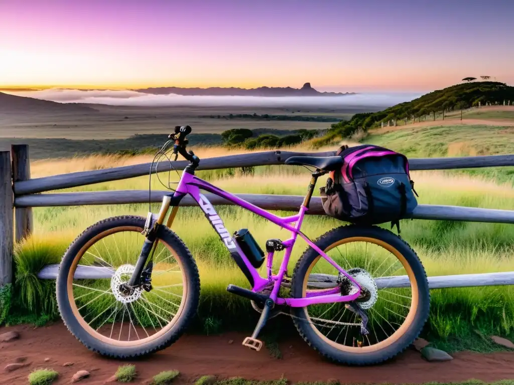 Ciclista preparándose al amanecer para rutas en bicicleta por Uruguay, con su mochila lista y el campo uruguayo en calma de fondo