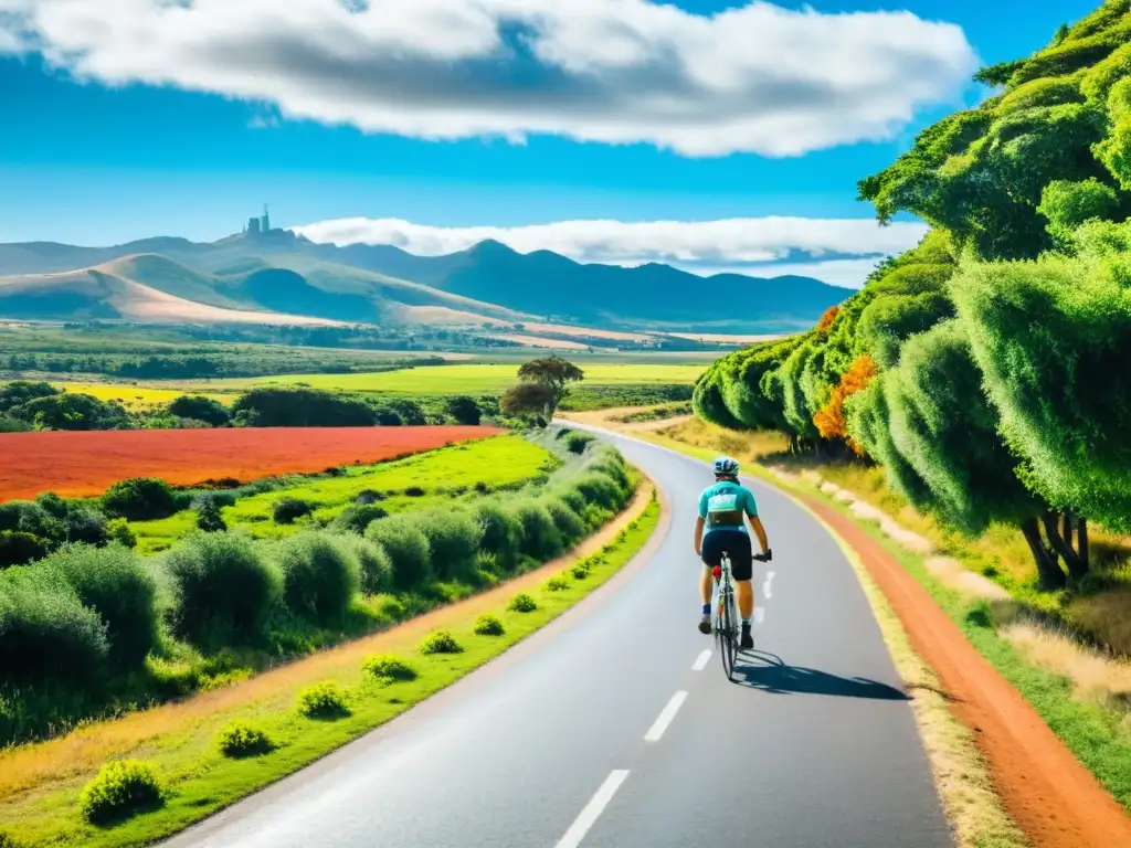 Ciclista en movimiento explorando las rutas en bicicleta por Uruguay, rodeado de colinas verdes y un cielo azul claro