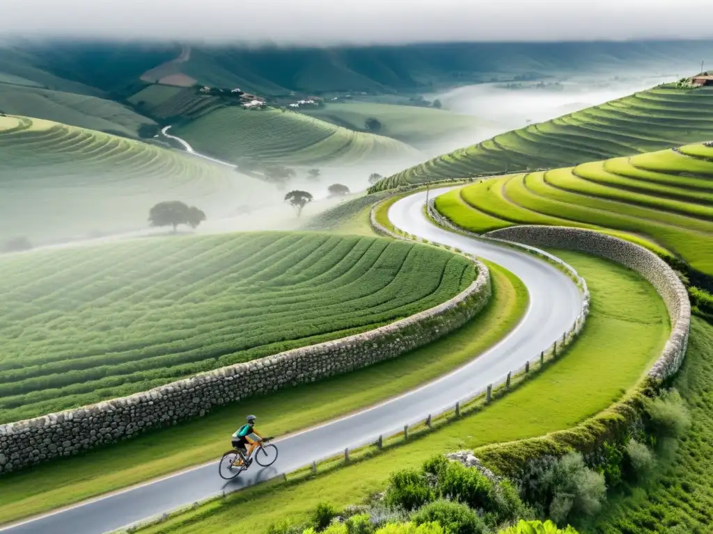 Ciclista surcando rutas en bicicleta por Uruguay, entre verdes colinas y montañas, bajo un cielo azul vibrante