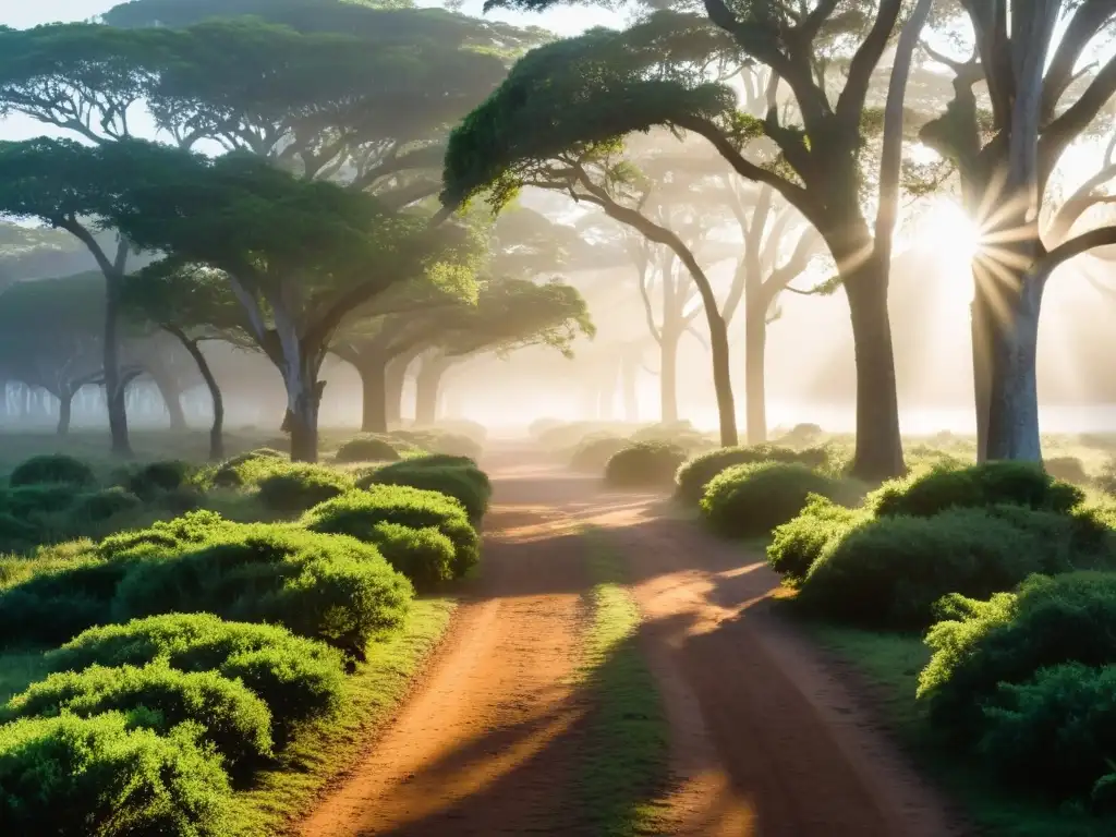 Un ciclista solitario inicia su aventura en los recorridos en bicicleta por Uruguay, explorando el amanecer brumoso en el Parque Nacional Santa Teresa