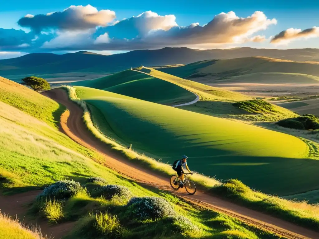 Ciclista solitario disfrutando de los recorridos en bicicleta por Uruguay, bajo un cielo azul y colinas verdes doradas por el atardecer