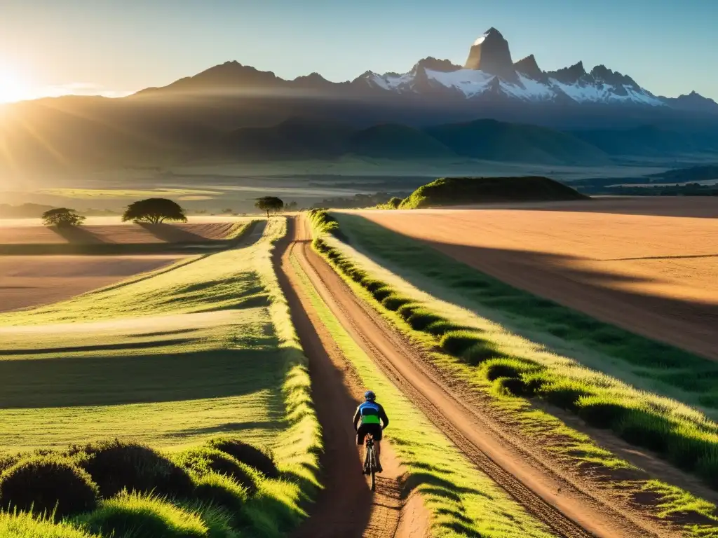 Ciclista solitario recorriendo rutas en bicicleta por Uruguay al amanecer, sumergido en colores cálidos y la belleza natural del paisaje