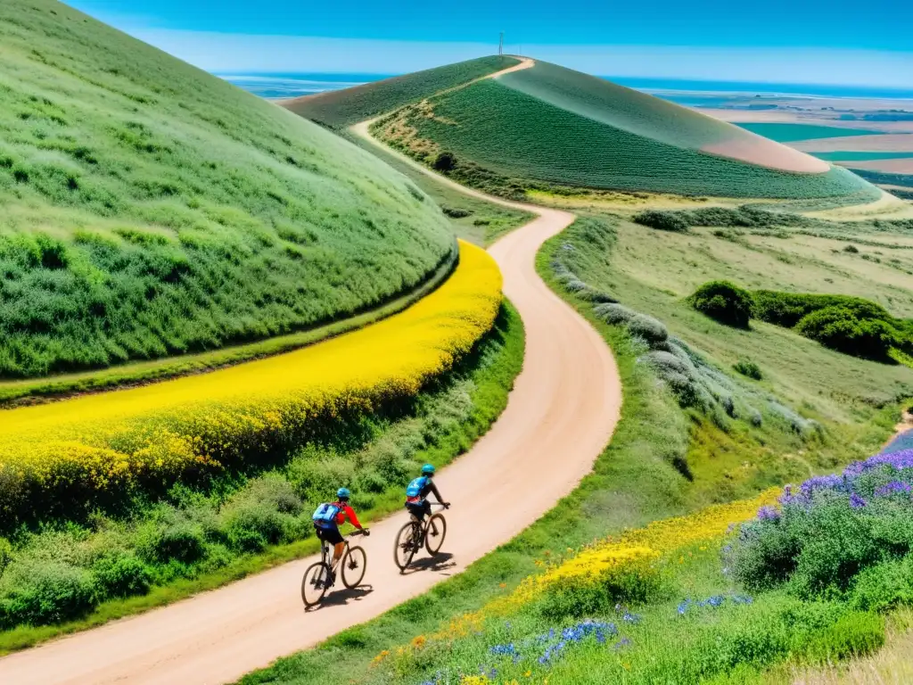 Ciclistas disfrutando de las pintorescas rutas en bicicleta por Uruguay, entre colinas verdes y ríos brillantes