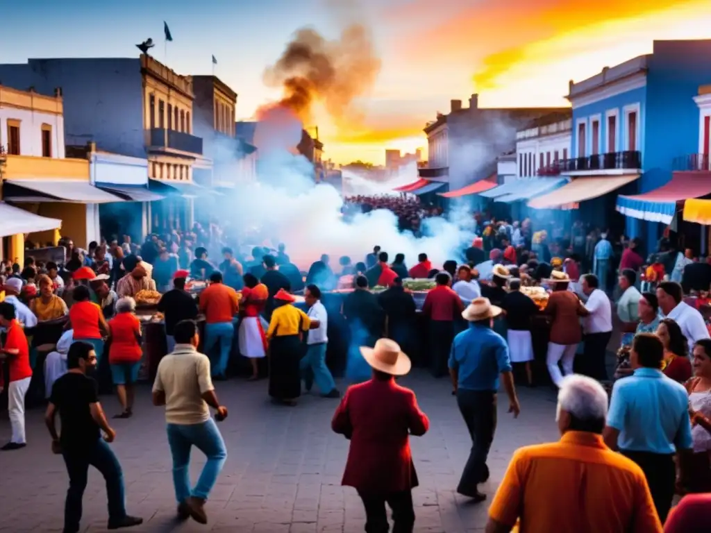 Bajo un cielo ardiente, gente danza en un festival uruguayo, demostrando las técnicas de fotografía para festivales uruguayos