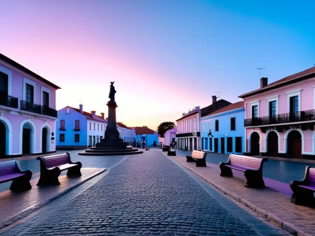 Amanece en Durazno, Uruguay, con un cielo pastel sobre calles de adoquines y la Plaza Independencia