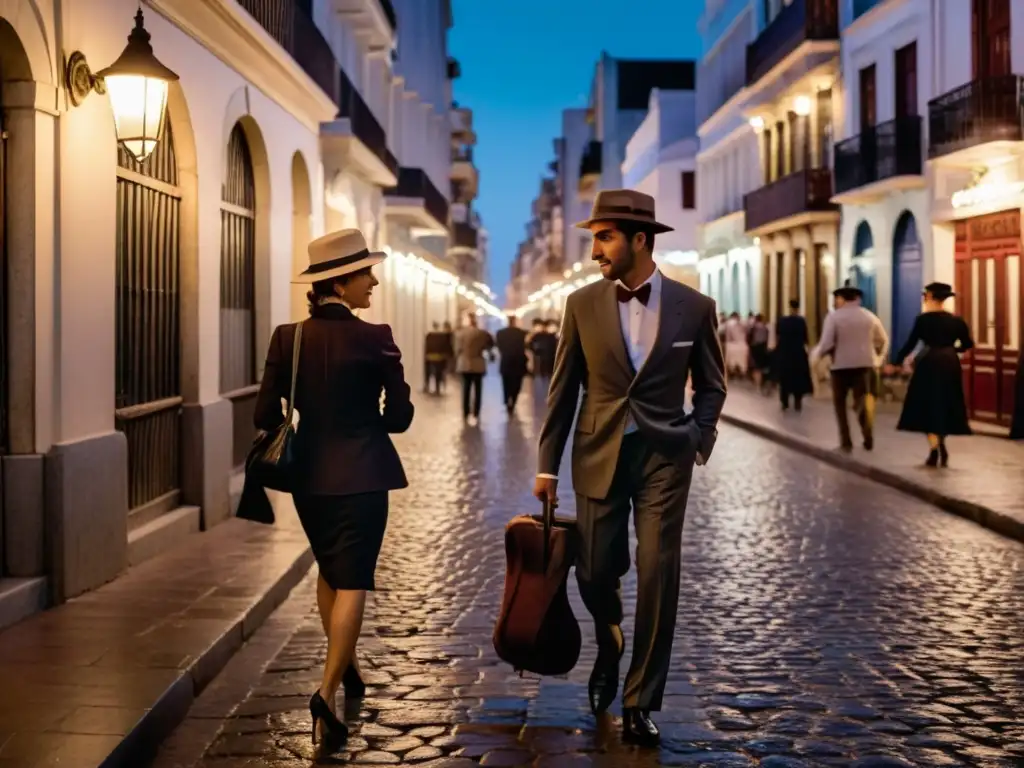 Bajo un cielo teñido de púrpura, pareja danza el baile tradicional tango Uruguay en una plaza de Montevideo, cautivando a todos