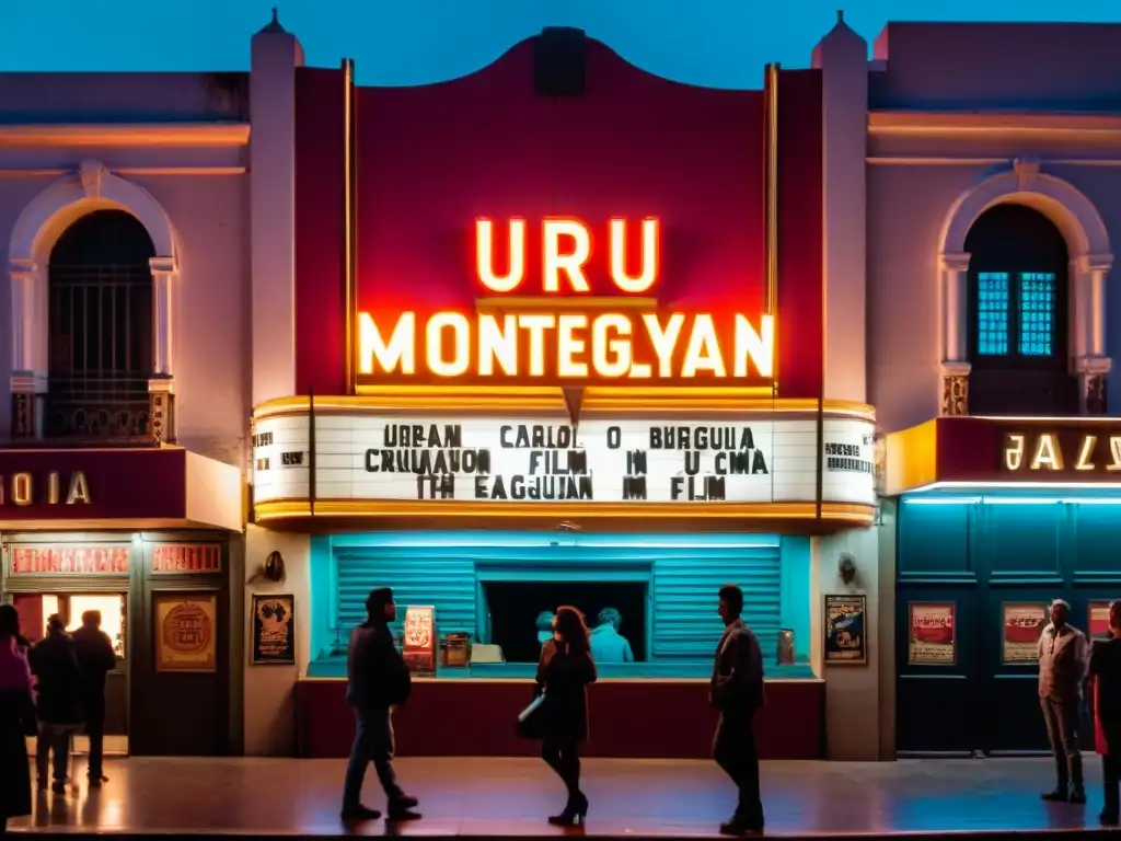 Cine en Uruguay: influencias culturales evidentes en la panorámica del antiguo teatro, con gente ansiosa por entrar al crepúsculo