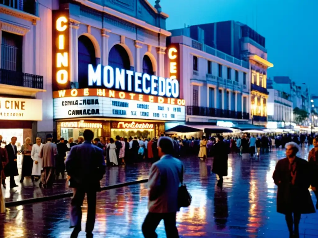 Cine en Uruguay: influencias culturales' reflejadas en la animada estampa de Montevideo de los 90, con el icónico Cine Trocadero iluminado al anochecer