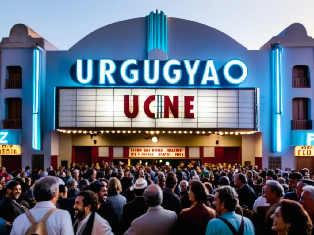 Cine uruguayo, festivales importantes: multitudes ilusionadas bajo el letrero luminoso 'Festival de Cine Uruguayo', en Montevideo al atardecer