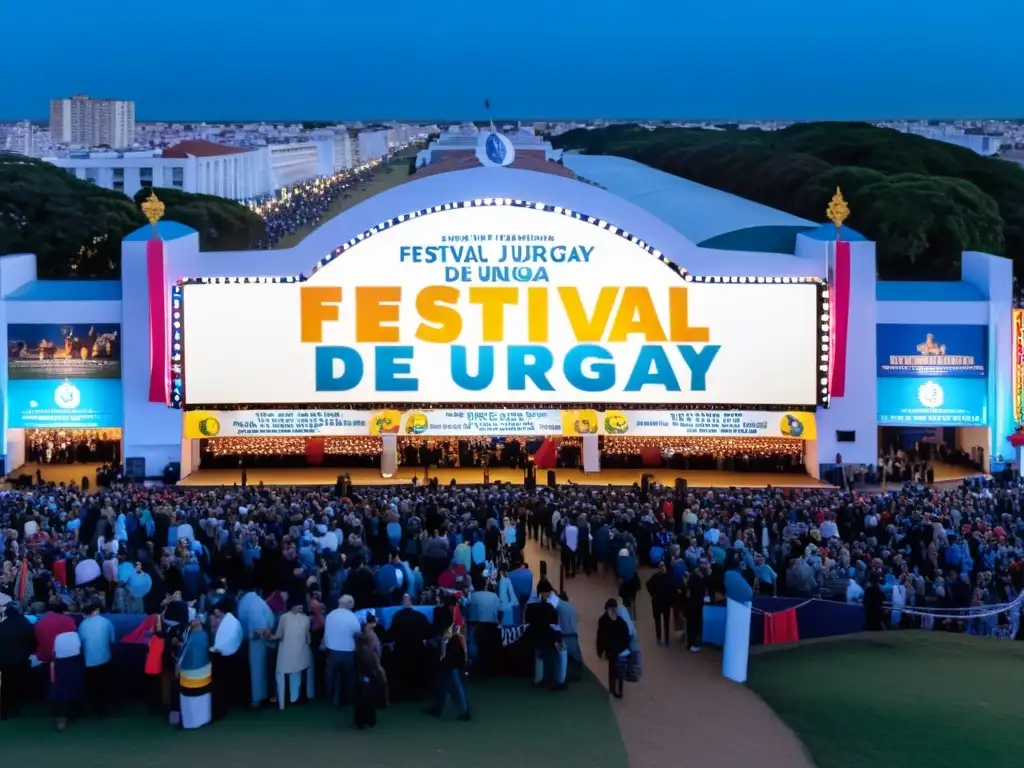 Cine uruguayo, festivales importantes, se celebran con orgullo: entrada vibrante, marquesina blanca adornada, y Montevideo iluminada