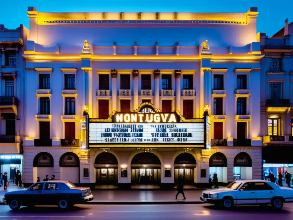 Cine uruguayo festivales importantes: Vista panorámica del histórico teatro en Montevideo al anochecer, lleno de expectación y luz cálida