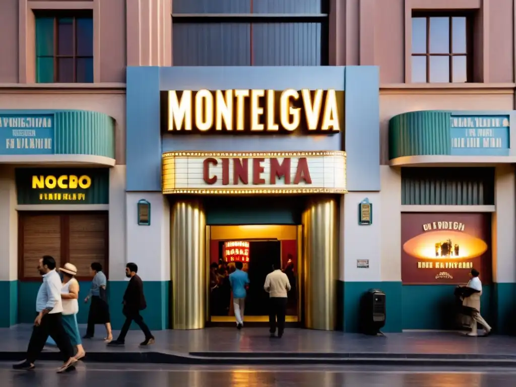 Cine uruguayo vintage, en el corazón de Montevideo, bañado por el atardecer dorado, reflejando éxitos y belleza de la cultura local