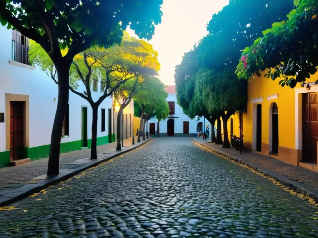 Explorando ciudades uruguayas a pie al atardecer, en una calle adoquinada de Colonia del Sacramento llena de vida y encanto colonial