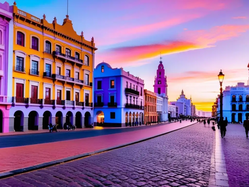 Explorando ciudades uruguayas a pie, disfrutando del atardecer dorado en Montevideo con su impresionante skyline