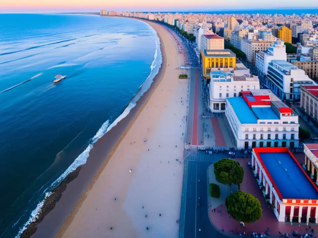 Explorando ciudades uruguayas a pie, descubrimos el encanto de Montevideo al atardecer, con su Rambla vibrante y colores cálidos