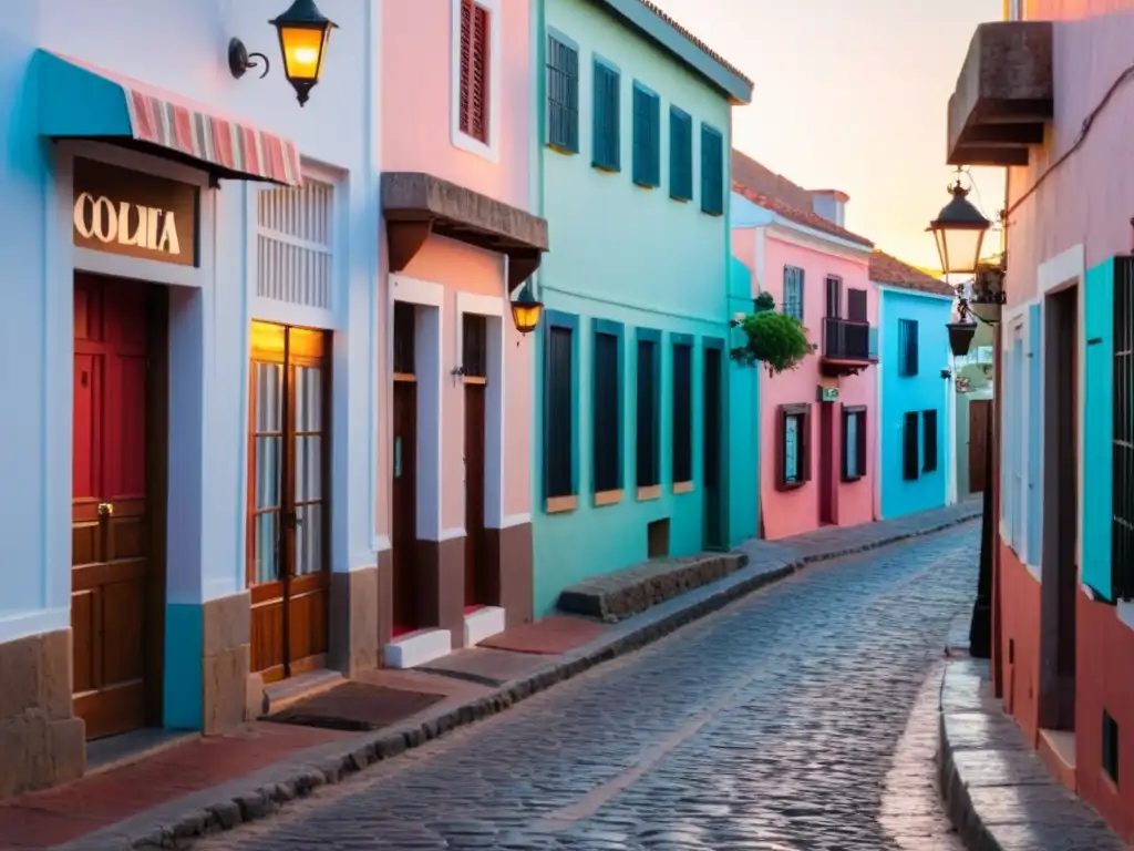 Explorando ciudades uruguayas a pie, pareja en calle adoquinada de Colonia del Sacramento, bajo un cielo crepuscular