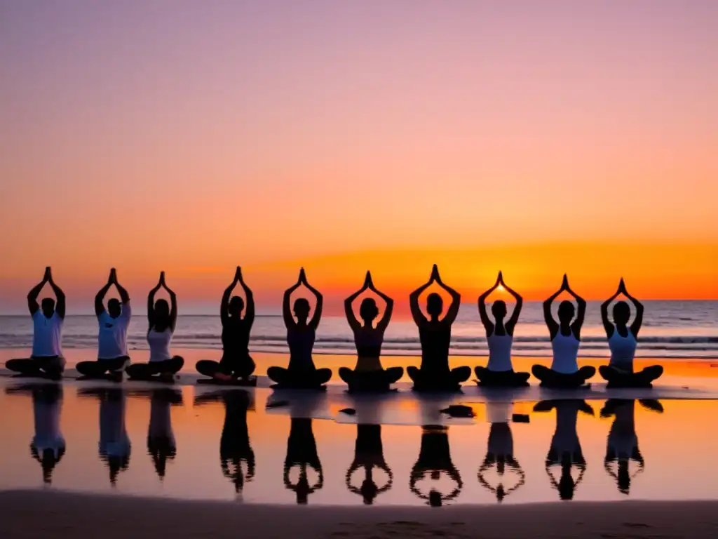 Clases de yoga al aire libre Uruguay, con diversidad de edades y etnias en una playa serena al amanecer, bajo un cielo pintado de naranja y rosa