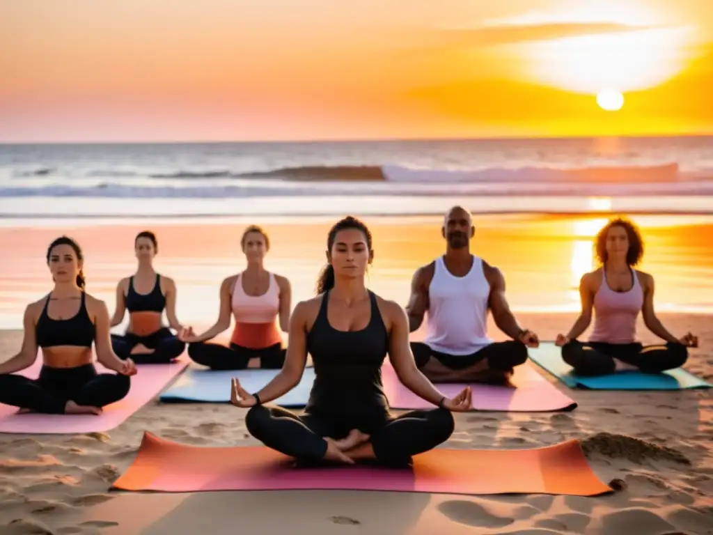 Clases de yoga al aire libre Uruguay en una playa prístina al atardecer, reflejando tranquilidad y bienestar