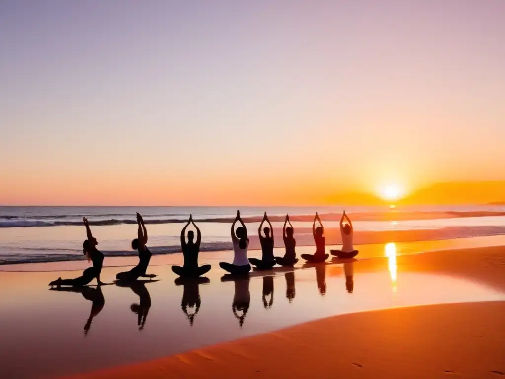 Clases de yoga al aire libre en Uruguay, personas en semicírculo en la playa, saludando al sol, transmitiendo paz y unión con la naturaleza