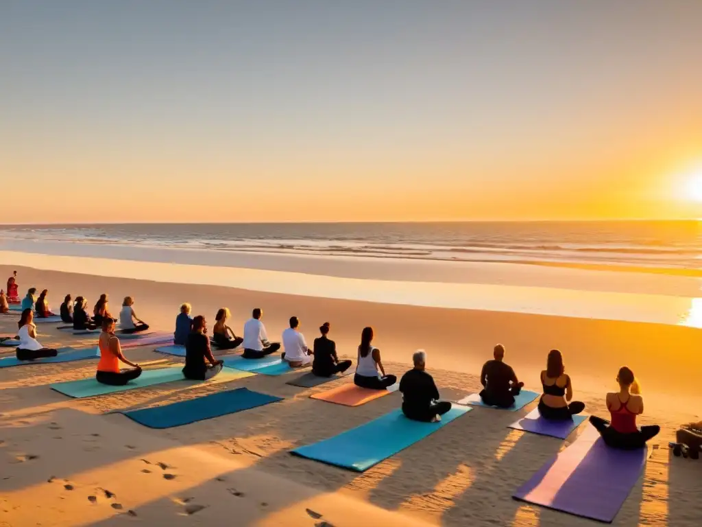 Clases de yoga al aire libre en Uruguay al amanecer, con el sol dorado iluminando a yoguis en la playa serena