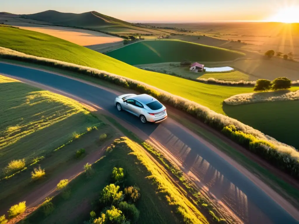 Coche moderno en un camino rústico uruguayo al atardecer, listo para seguir los consejos para viajar en coche por Uruguay