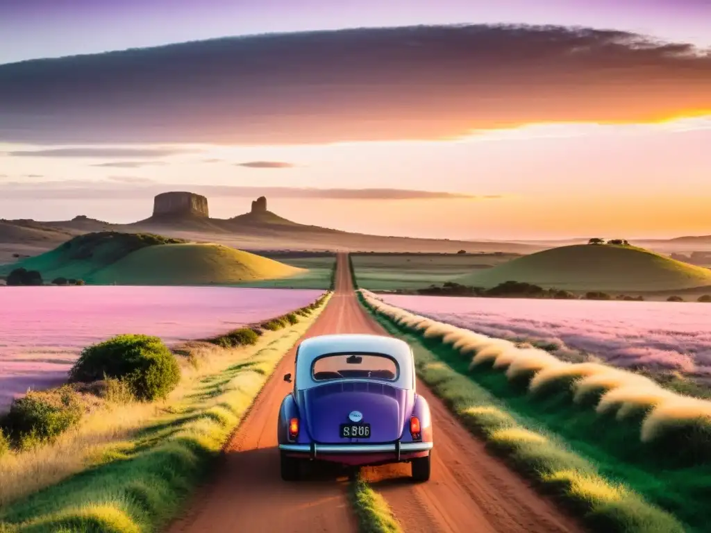 Coche vintage con equipaje y 'Consejos para viajar en coche por Uruguay' en un tranquilo paisaje uruguayo al atardecer