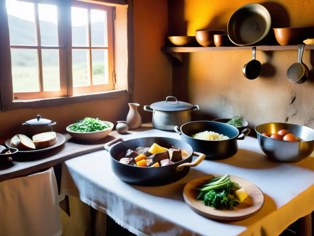 Cocina rústica uruguaya iluminada por el sol, con tradiciones rurales de Cerro Largo presentes en cada plato