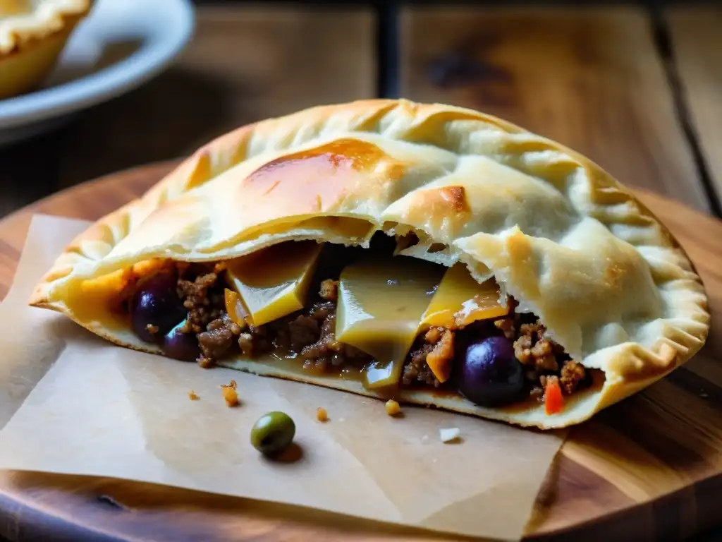 Empanada uruguaya recién cocinada, radiante en su mesa rústica, destilando la deliciosa esencia de la comida callejera uruguaya