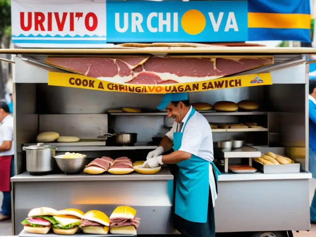 Cocinero preparando Chivito, la deliciosa hamburguesa uruguaya, en un bullicioso puesto de comida en Uruguay, con clientes ansiosos esperando