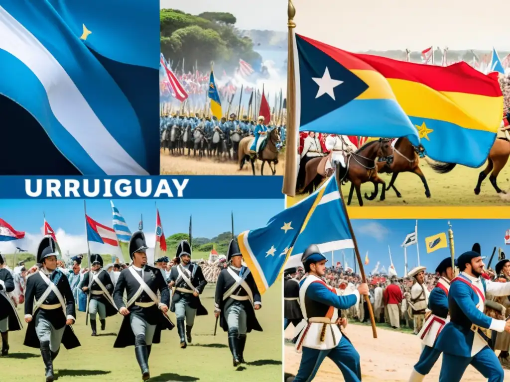 Collage emotivo de 'Eventos históricos Uruguay 2022', combinando batallas, festividades y hitos, con Montevideo vibrante