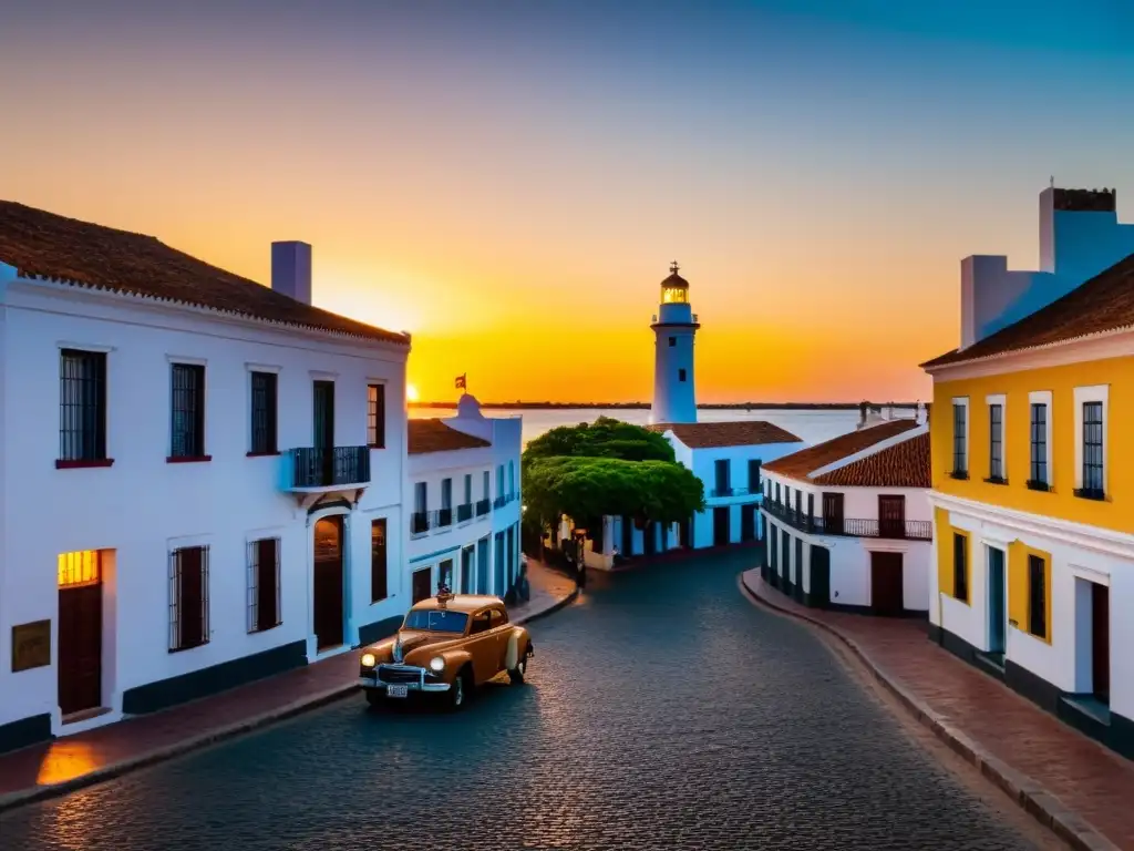 Colonia del Sacramento ciudad antigua bajo un cielo pintado con tonos rosados y dorados, con calles adoquinadas y faro emblemático