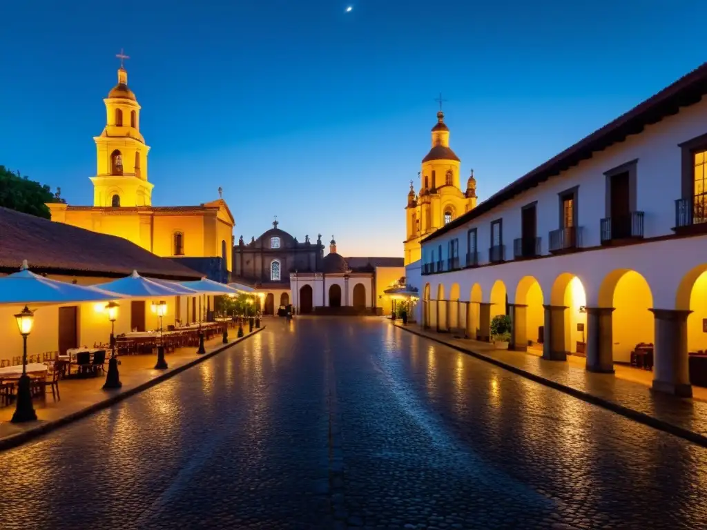 Colonia del Sacramento, ciudad antigua; sus calles adoquinadas y edificios coloniales bañados en luz dorada al anochecer