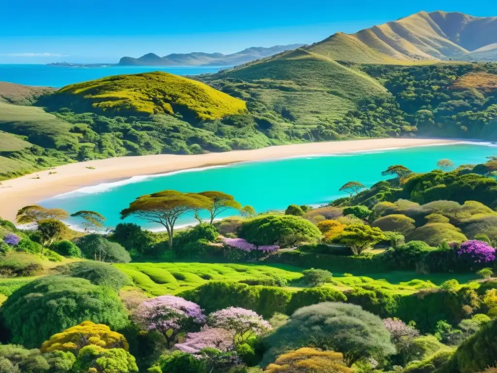 Fotografiando colores estaciones Uruguay: panorámica de jacarandas primaverales, playa veraniega, viñedo otoñal y montañas nevadas