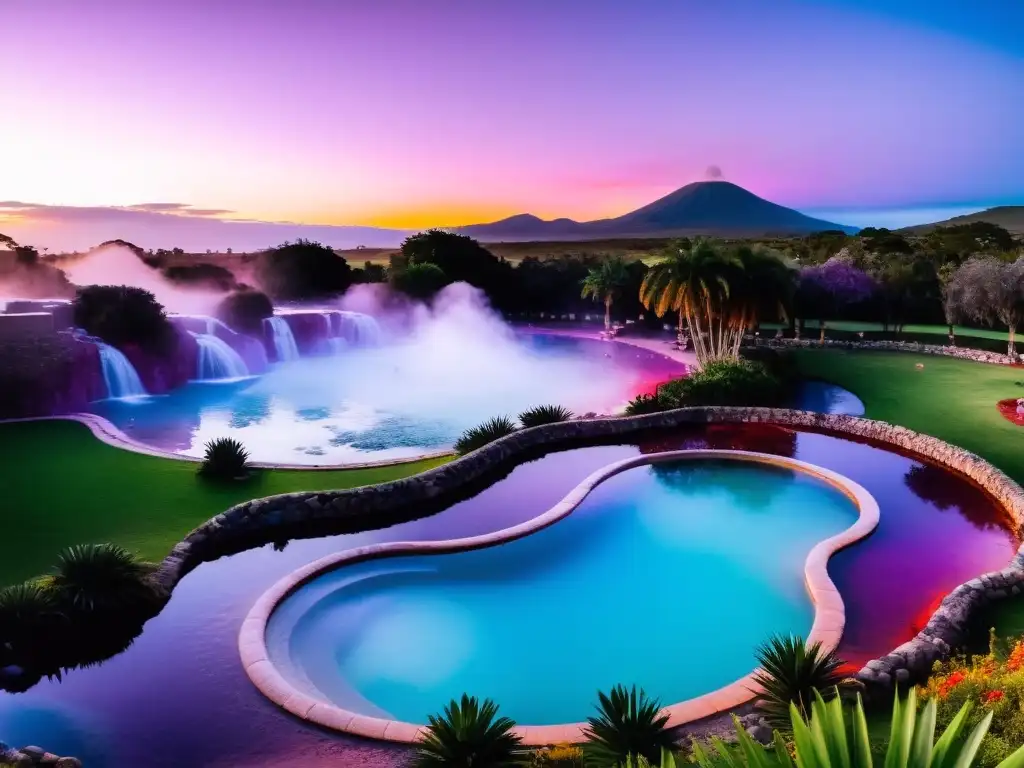 Amanecer colorido en las Termas del Inca en Uruguay, con personas disfrutando de las piscinas termales rodeadas de exuberante vegetación tropical