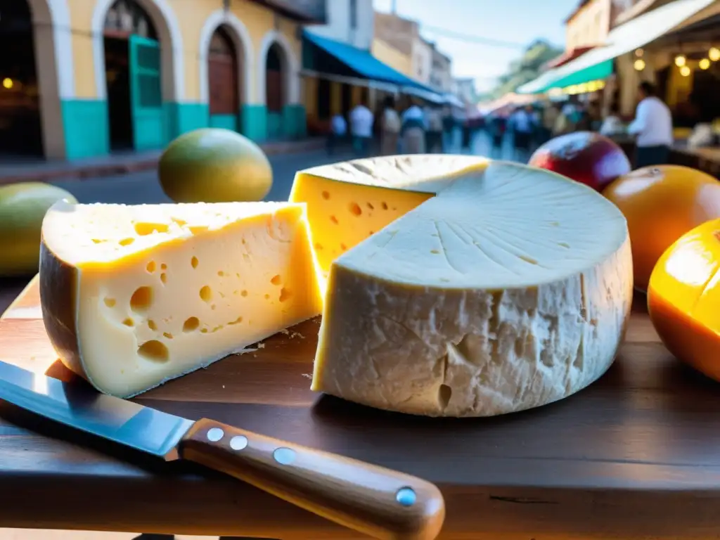 Comida callejera uruguaya deliciosa: queso Ricota fresco y cremoso en una mesa rústica, rodeado de ingredientes locales en un vibrante mercado