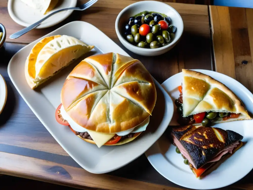 Comida local accesible Uruguay: cálido festín en una cocina uruguaya, con chivito, empanadas, asado y vino Medio y Medio