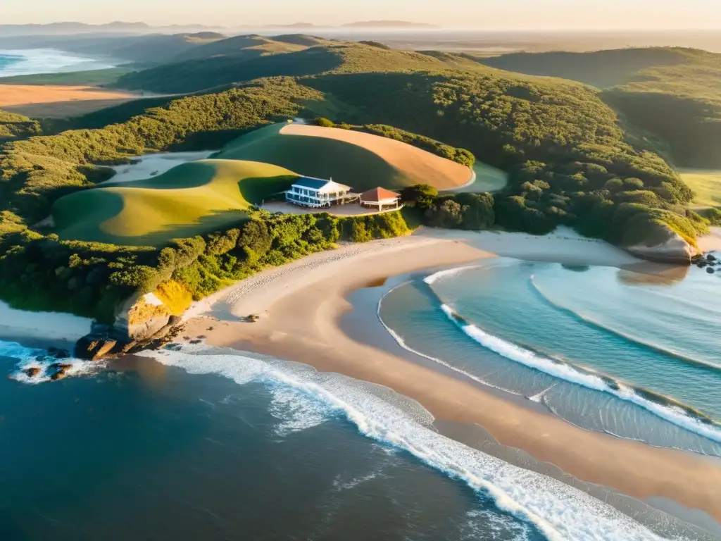 Guía completa para encontrar alojamientos en Uruguay: Vista aérea del paisaje uruguayo al atardecer, con playas, colinas y hoteles