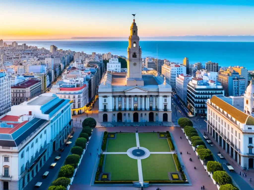 Guía completa para encontrar alojamientos en Uruguay: un atardecer dorado ilumina Montevideo, mezcla de rascacielos y edificios históricos