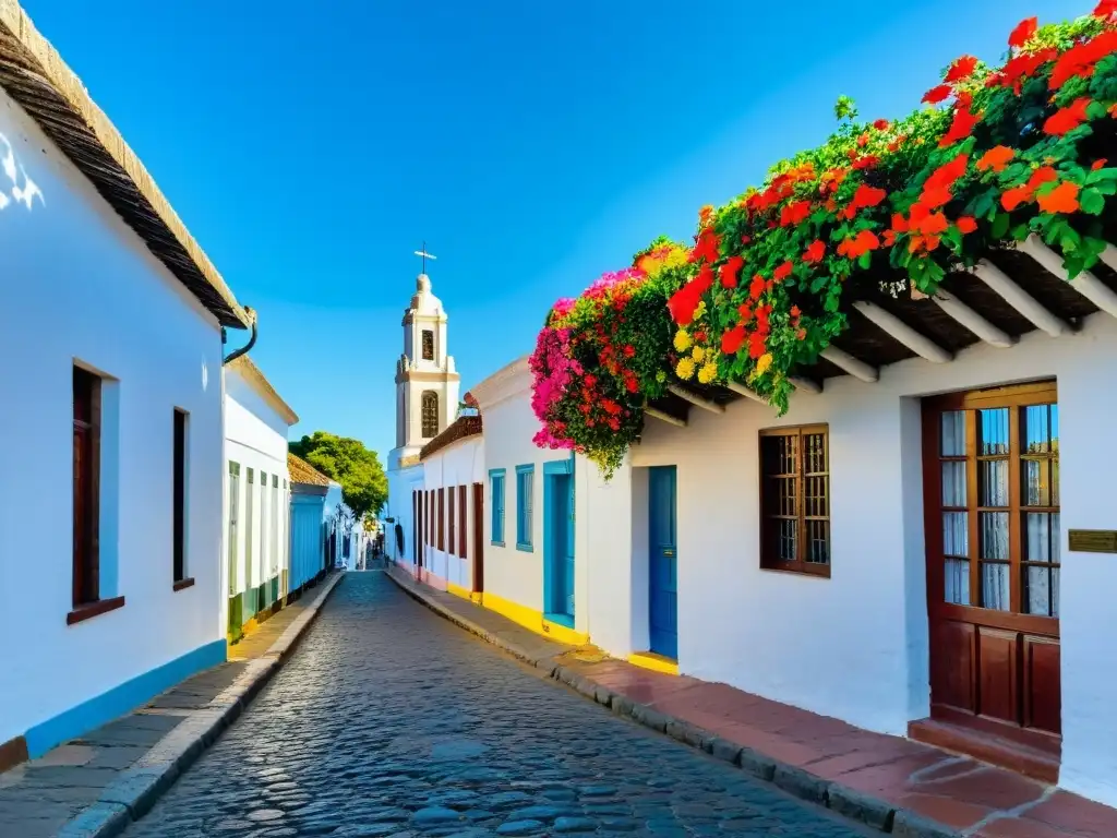 Guía completa para encontrar alojamientos en Uruguay: calle adoquinada, casas coloniales con flores y faro en Colonia del Sacramento