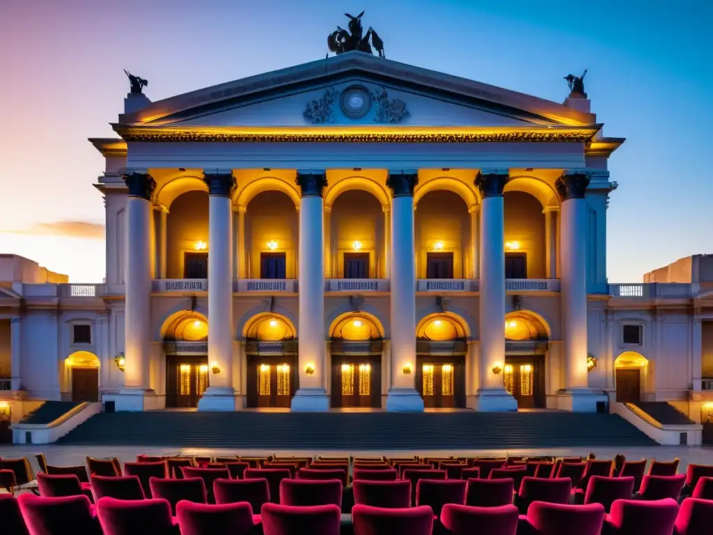 Compositores de música uruguaya influentes ensayan en el antiguo y majestuoso Teatro Solís en Montevideo, bajo el cálido atardecer