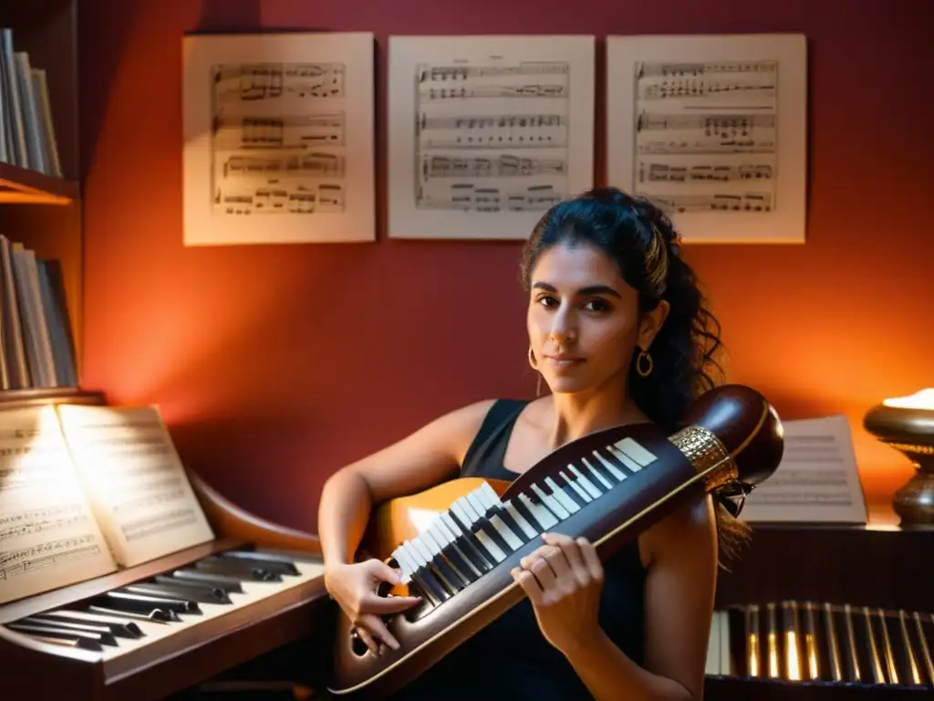 Daniela Taranto, una de las compositores música uruguaya influentes, en su estudio rodeada de instrumentos autóctonos, bajo la luz suave de Montevideo