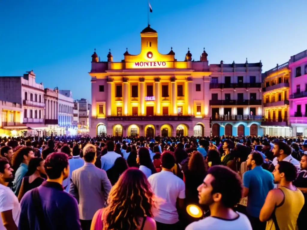 Compositores música uruguaya influentes, jóvenes y diversos, tocan enérgicamente al caer el sol en Montevideo, con el Teatro Solís brillando detrás