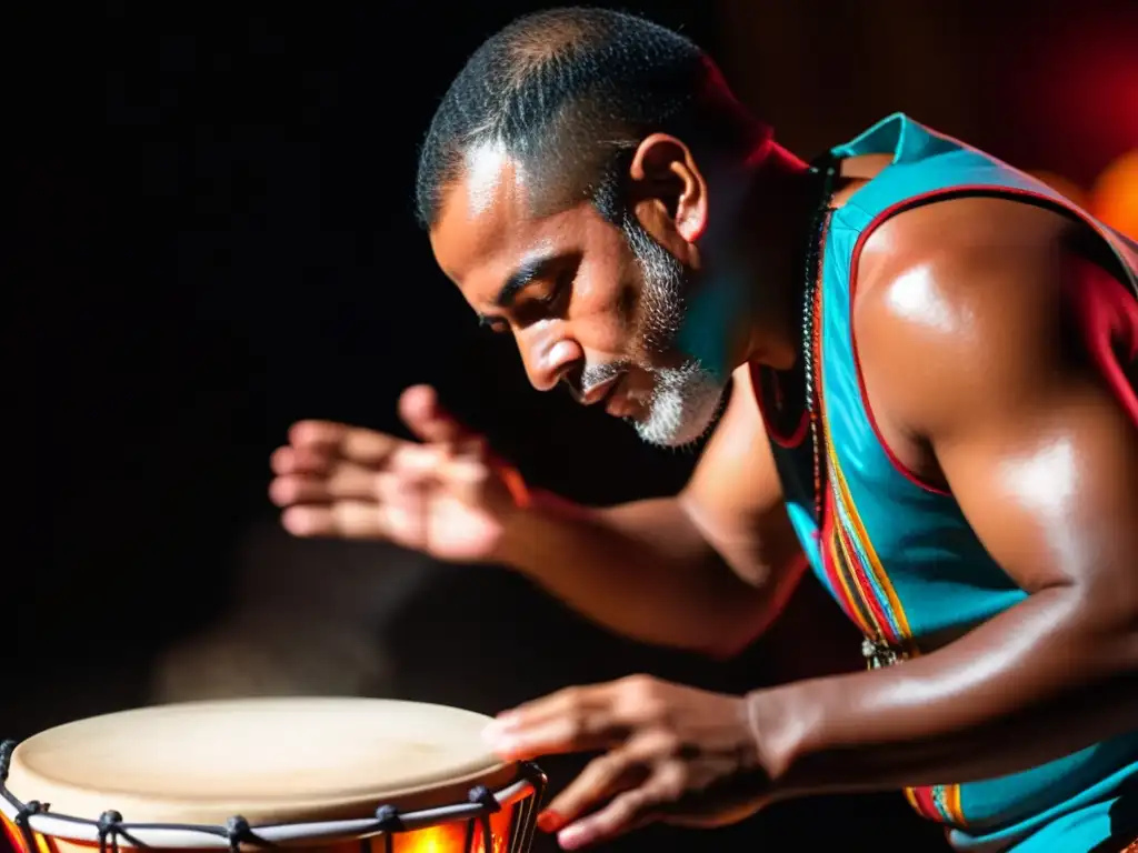 Ruben Rada, uno de los compositores de música uruguaya más influyentes, sumido en la pasión de su acto, iluminado intensamente en el escenario