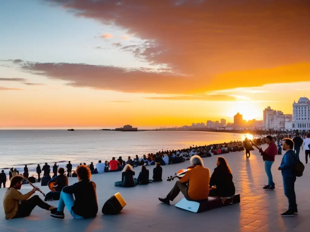 Conciertos en la Rambla de Montevideo al atardecer, músicos variados llenan de vida y cultura el paseo