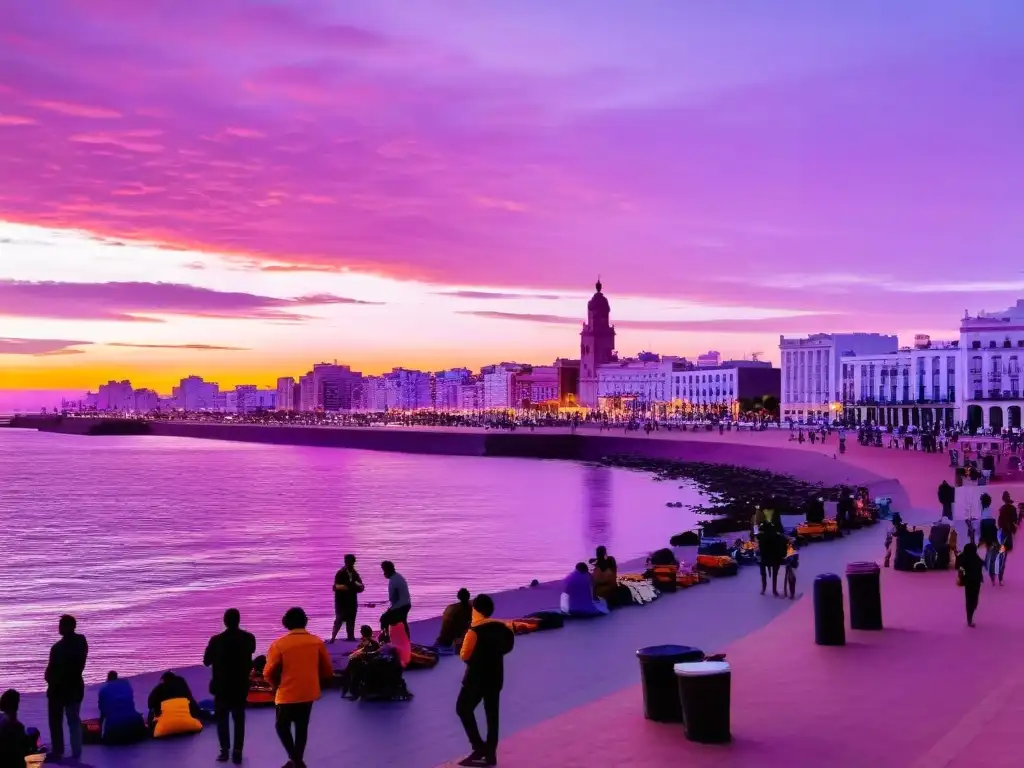 Conciertos en la Rambla de Montevideo, donde músicos se preparan al caer el sol, bajo un cielo pintado de naranja y púrpura vibrante