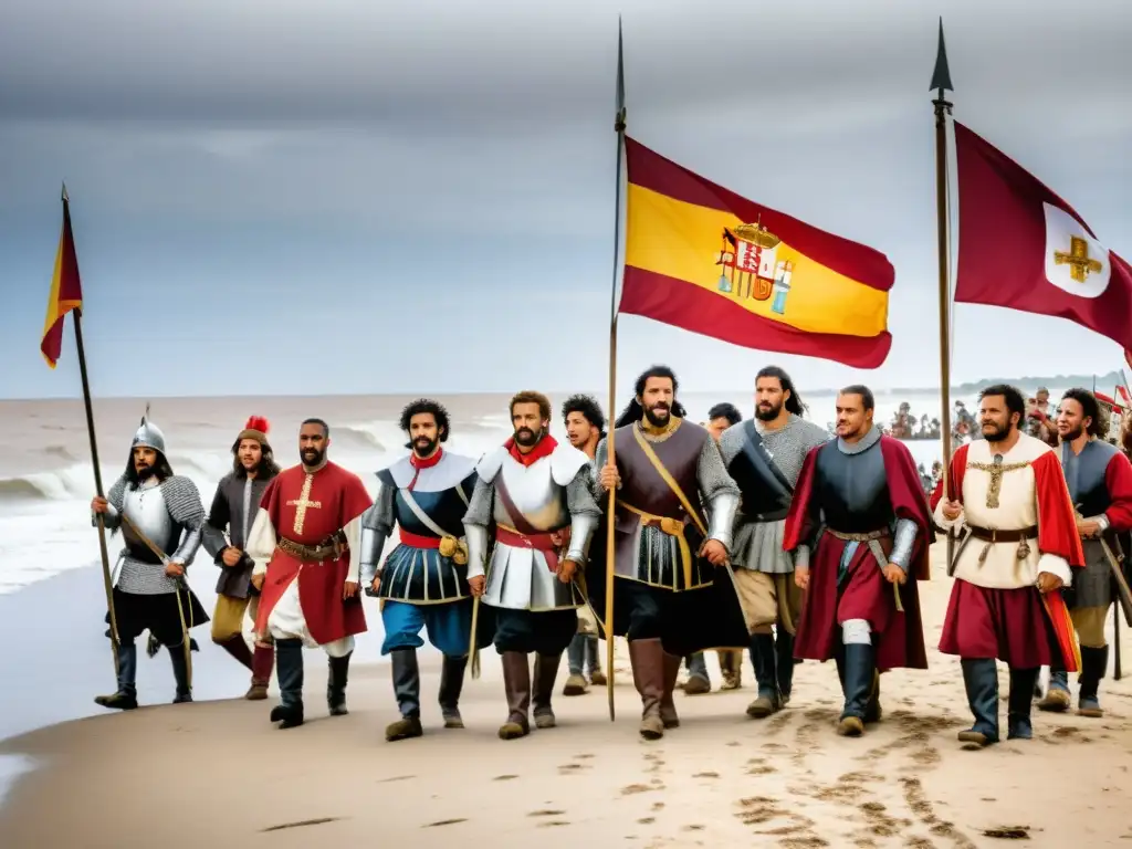 Conquistadores españoles del siglo XVI desembarcando en Uruguay, marcando el impacto de la llegada de europeos, bajo un cielo de atardecer incierto