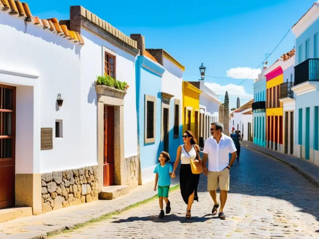 Consejos viaje Uruguay familia: Una alegre y diversa familia disfruta de un cálido día en Colonia del Sacramento, radiante de felicidad y amor