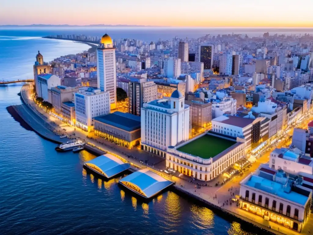 Consejos alojamiento económico Uruguay: Vista aérea de Montevideo al atardecer, mezcla de arquitectura y mercado vibrante