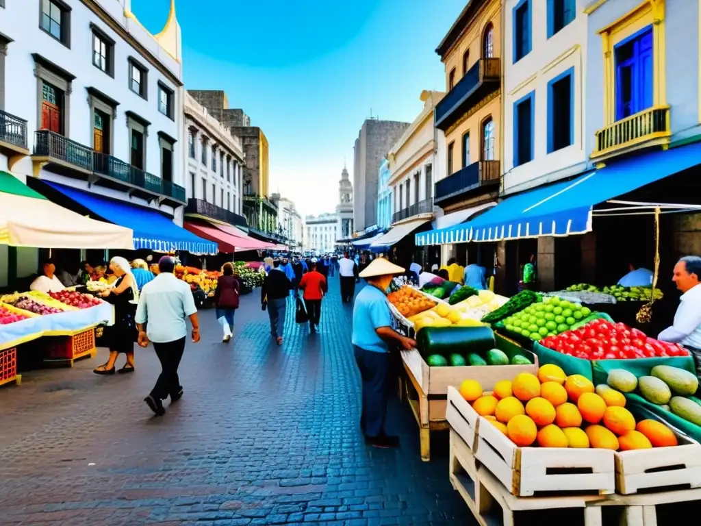 Consejos para viajar barato a Uruguay: regateo en un bullicioso mercado de Montevideo, lleno de colores y vida