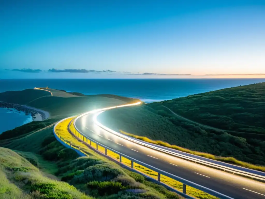 'Consejos para viajar en coche por Uruguay: Disfruta la mágica Ruta 10 al atardecer, con su vista al Atlántico y colinas verdes